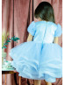 Short Sleeves Blue Satin Tulle Flower Girl Dress